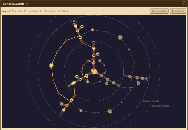 La fenêtre Constellation : une carte d'étoiles reliées sur fond de nuit.