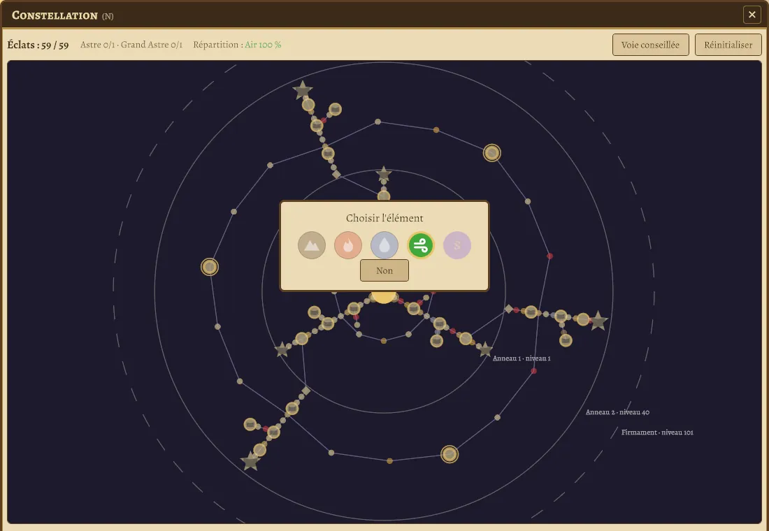 La Constellation de l'Archer, avec le choix de l'élément d'une Lueur.