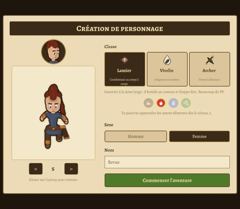 L'écran de création de personnage : choix de la classe, de l'élément de départ, du sexe et du nom.